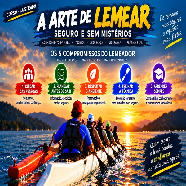 Cover of the eBook A Arte de Lemear: safe and without mysteries, with the steerer’s 5 commitments and an outrigger canoe at sunset