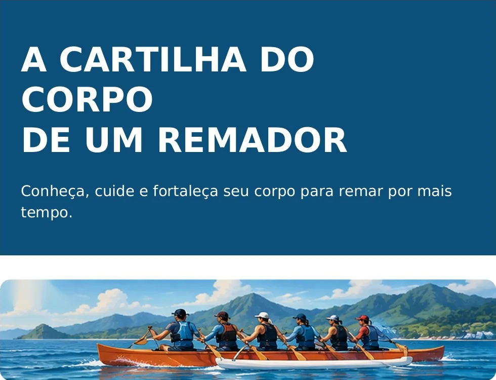 Capa do eBook A Cartilha do Corpo de um Remador, com remadores em uma canoa havaiana