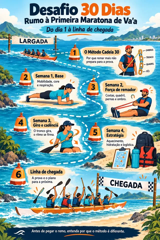 Cover of the eBook Desafio 30 Dias Rumo à Primeira Maratona de Va’a: the path from start to finish, with the Cadeia 30 Method and the weeks of base, paddler strength, rotation and cadence, and strategy